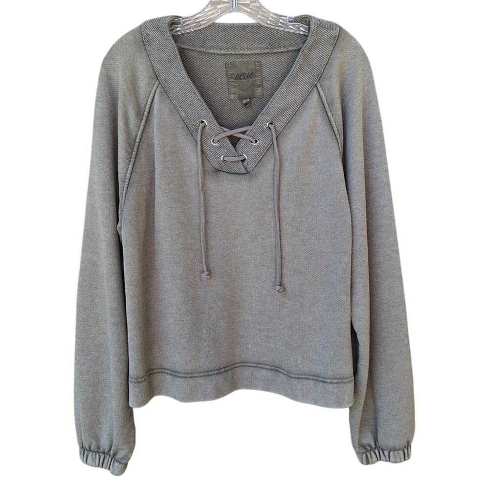 aerie Womens Stonewash Green V Neck Criss Cross Casual Sweatshirt Cotton blend S